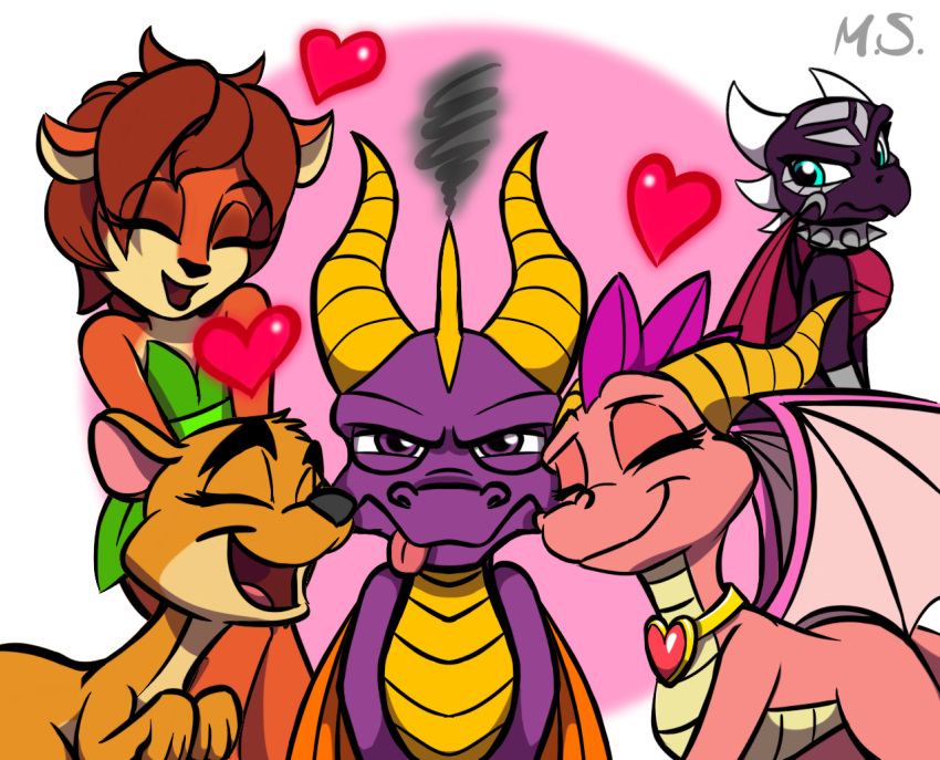 2021 activision anthro biped black_nose blue_eyes brown_body brown_fur collar cynder dragon elora ember_(spyro) european_mythology eyelashes eyes_closed faun_(spyro) female feral fur group hair half-closed_eyes harem heart_symbol horn humanoid kangaroo leaf_clothing macropod magzieart male male/female mammal marsupial membrane_(anatomy) membranous_wings mythological_creature mythological_scalie mythology narrowed_eyes open_mouth pink_body pink_inner_ear pink_scales pronounced_browridge purple_body purple_eyes purple_scales quadruped red_hair scales scalie sheila_(spyro) spyro spyro_reignited_trilogy spyro_the_dragon the_legend_of_spyro tongue tongue_out western_dragon wings