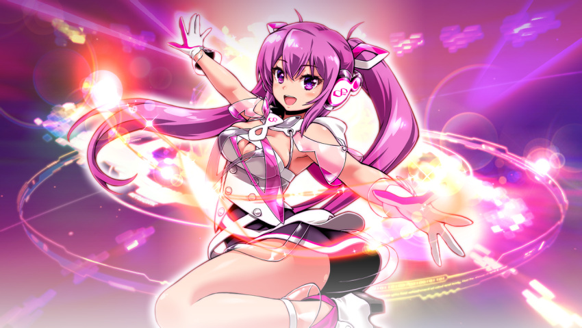 1girl armpits bare_shoulders beatmania_iidx breasts cleavage goli_matsumoto hair_between_eyes headphones long_hair medium_breasts mizushiro_celica non-web_source official_art open_hands outstretched_arms pink_eyes pink_hair skirt smile solo teeth twintails upper_teeth_only