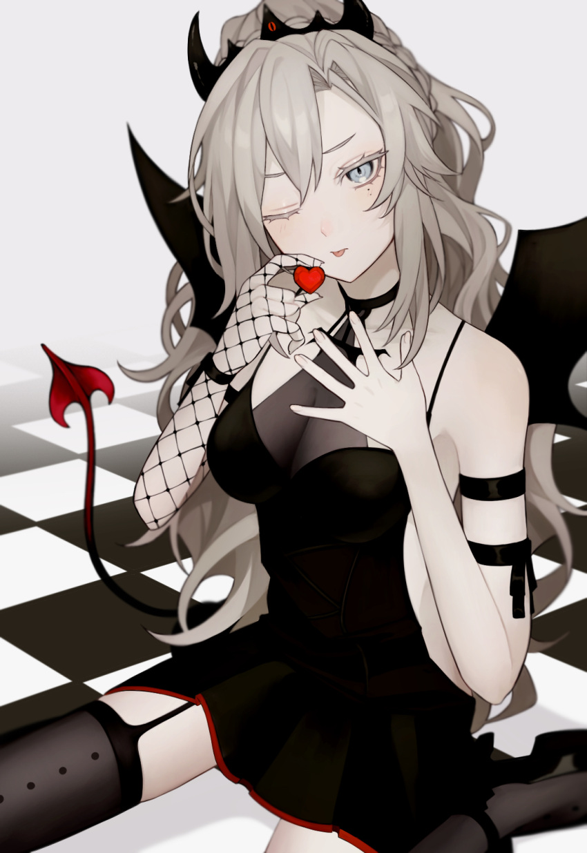 1girl bare_shoulders black_dress black_tiara braid breasts candy checkered_floor chocolate demon_girl demon_horns demon_tail demon_wings dress fate/grand_order fate_(series) fishnet_gloves fishnets food french_braid gloves grey_eyes hand_on_own_chest heart heart-shaped_chocolate highres holding horns kriemhild_(fate) kriemhild_(love_delusion)_(fate) large_breasts licking long_hair looking_at_viewer mole mole_under_eye one_eye_closed pale_skin ponytail sitting solo sumi_(gfgf_045) tail thighhighs thighs tiara tongue tongue_out white_hair wings