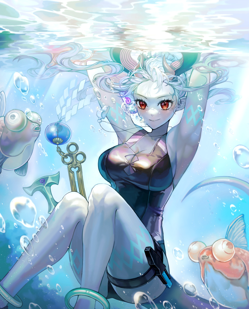 1girl absurdres arms_up bambi_(00_bambi) black_one-piece_swimsuit blue_hair breasts bubble colored_skin fate/grand_order fate_(series) fish goldfish grey_skin highres horns ibuki_douji_(fate) ibuki_douji_(swimsuit_berserker)_(fate) ibuki_douji_(swimsuit_berserker)_(first_ascension)_(fate) large_breasts long_hair ocean one-piece_swimsuit pointy_ears red_eyes swimsuit tail thigh_sheath underwater whistle whistle_around_neck