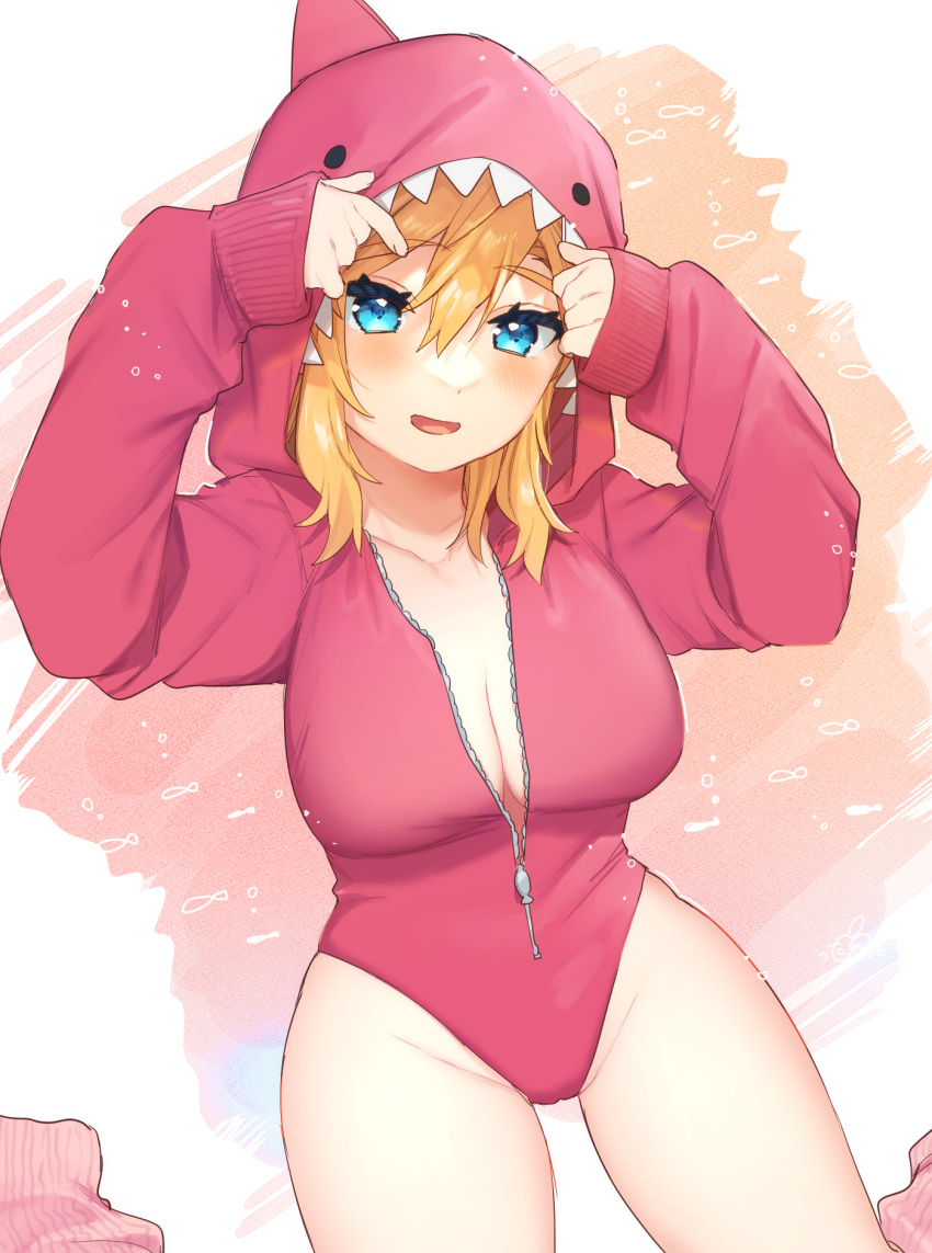 1girl :d animal_hood blonde_hair blue_eyes breasts cleavage cowboy_shot genderswap genderswap_(mtf) groin highres hood large_breasts leotard link looking_at_viewer red_leotard shark_hood smile solo the_legend_of_zelda the_legend_of_zelda:_breath_of_the_wild ttanuu.