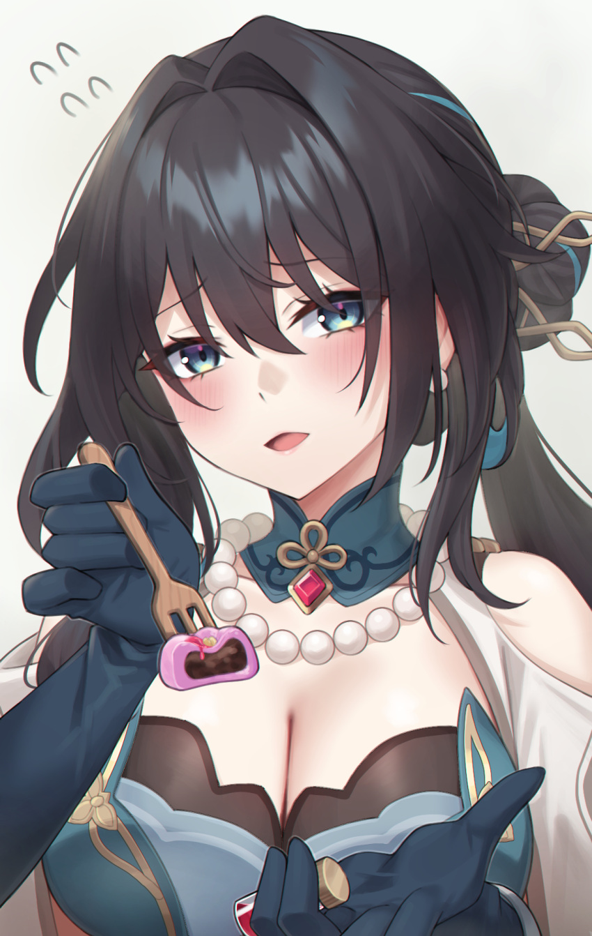 1girl aqua_choker aqua_dress aqua_gloves ashisi bare_shoulders bead_necklace beads breasts brown_hair cake cleavage clothing_cutout commentary_request dress earrings flying_sweatdrops food gloves green_eyes hair_between_eyes hair_bun hair_intakes hair_ornament hand_up highres holding holding_cake holding_food holding_vial honkai:_star_rail honkai_(series) incoming_food jewelry large_breasts long_hair looking_at_viewer multicolored_hair necklace open_mouth ruan_mei_(honkai:_star_rail) shoulder_cutout sidelocks simple_background single_hair_bun solo streaked_hair upper_body white_background wooden_fork