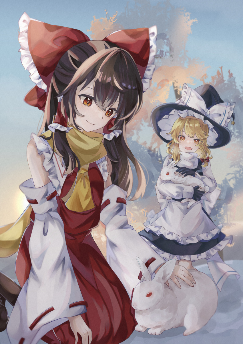 2girls absurdres animal_hug apron ascot back_bow black_skirt blonde_hair bow braid brown_eyes brown_hair closed_mouth commentary_request detached_sleeves frilled_bow frilled_hair_tubes frills hair_bow hair_tubes hakurei_reimu hat hat_bow highres kirisame_marisa kyarin_(c_arin1012) long_hair long_sleeves multiple_girls open_mouth petting rabbit red_bow red_skirt ribbon-trimmed_sleeves ribbon_trim scarf side_braid single_braid skirt skirt_set smile snow touhou waist_apron white_apron white_bow witch_hat yellow_ascot yellow_eyes yellow_scarf