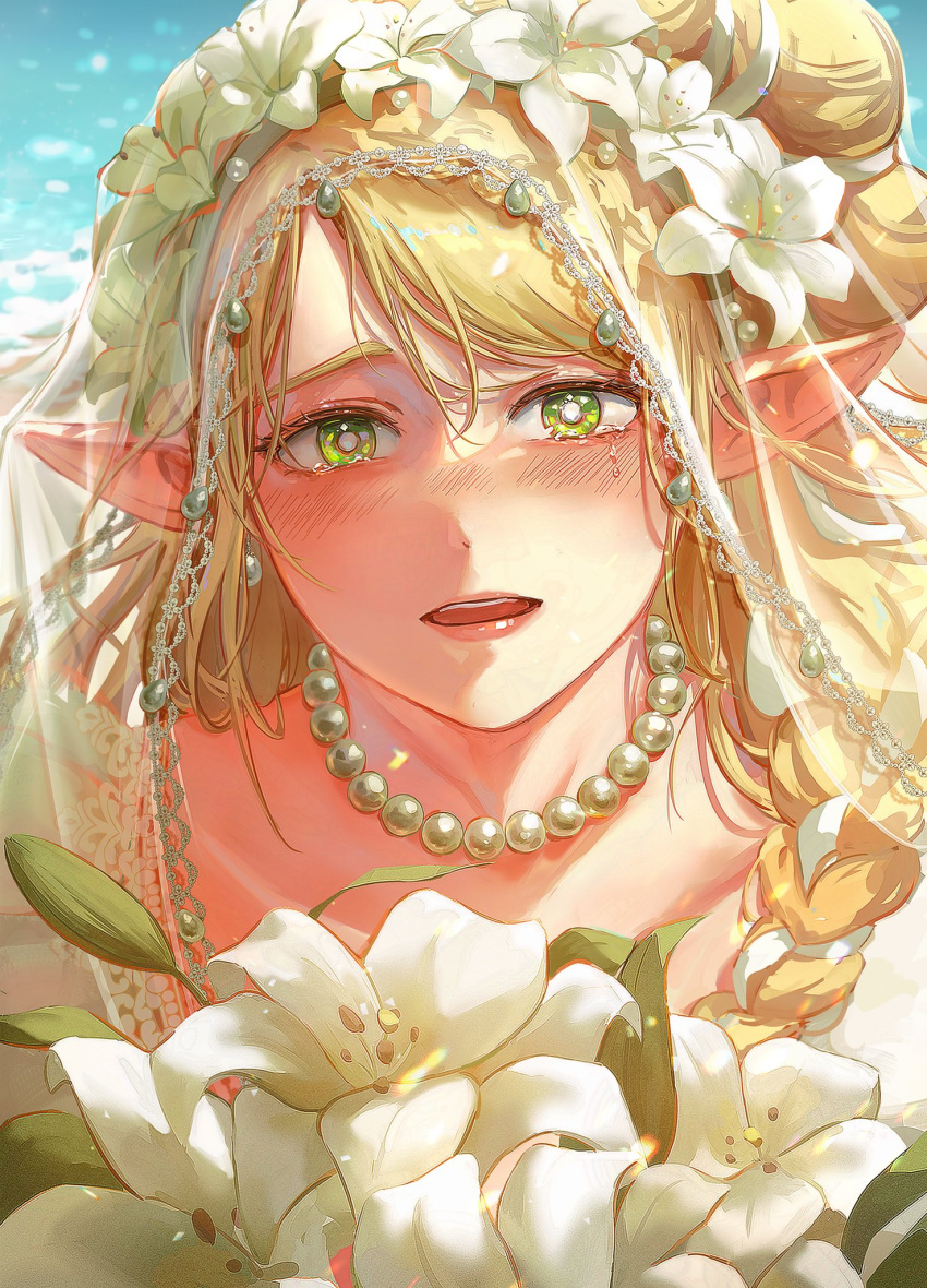 1girl alternate_costume blonde_hair blush breasts bridal_veil chagok_yun cleavage collarbone dress dungeon_meshi elf female_pov green_eyes hair_ornament highres jewelry lace-trimmed_dress lace-trimmed_veil lace_collar lace_trim long_hair looking_at_viewer marcille_donato open_mouth pointy_ears pov simple_background smile standing veil wedding_dress
