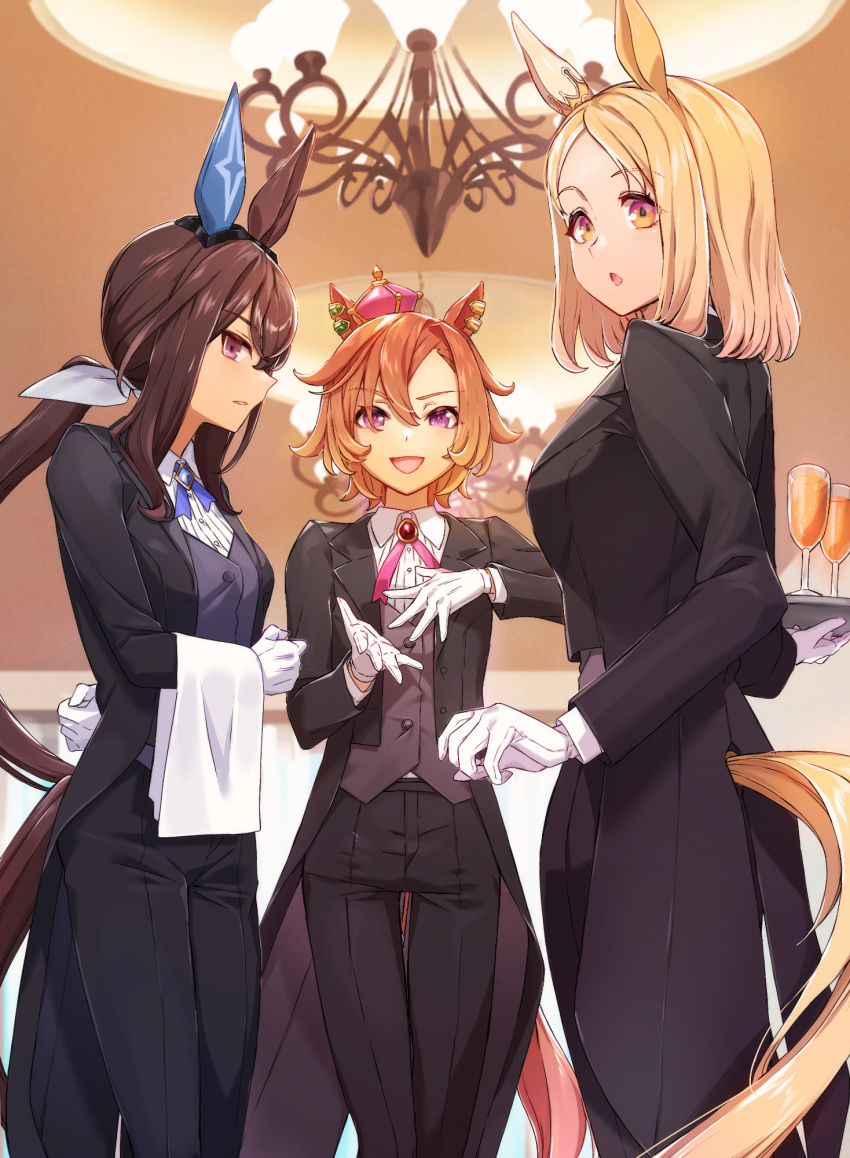 3girls :o admire_vega_(umamusume) animal_ears arm_behind_back asymmetrical_bangs black_jacket black_pants blonde_hair brooch brown_hair butler champagne_flute chandelier collared_shirt cross_tie cup drinking_glass feet_out_of_frame female_butler gloves hand_on_own_chest highres holding holding_tray horse_ears horse_girl horse_tail indoors jacket jewelry long_hair long_sleeves looking_at_viewer low_ponytail multiple_girls nanaheibei_3 narita_top_road_(umamusume) open_clothes open_jacket open_mouth orange_hair orange_tail pants purple_eyes shirt short_hair sideways_mouth smile standing t.m._opera_o_(umamusume) tail tail_through_clothes tailcoat towel tray umamusume vest white_gloves white_shirt yellow_eyes