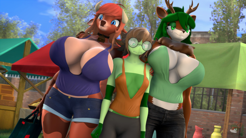 3d_(artwork) 4k absurd_res anthro antlers big_breasts bovid bovine breast_envy breasts brown_hair buckteeth cattle cleavage clothed clothing deer digital_media_(artwork) donglysfm eyewear female flat_chested freya_(donglysfm) glasses green_hair group hair hi_res horn huge_breasts lily_springtail_(donglysfm) lizard mammal mature_female neck_tuft outside red_hair reptile revamped_anthros scalie size_difference slightly_chubby slightly_chubby_female source_filmmaker_(artwork) tea_tree_(donglysfm) teeth trio tuft