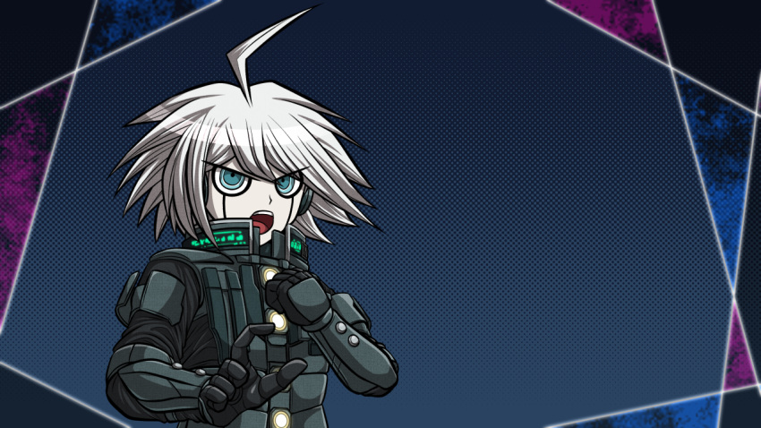 1boy ahoge android blue_background blue_eyes buttons commentary_request danganronpa_(series) danganronpa_v3:_killing_harmony hair_between_eyes hand_on_own_chest high_collar k1-b0 looking_at_viewer male_focus official_style open_mouth outside_border outstretched_hand parody polka_dot polka_dot_background short_hair simple_background solo style_parody teeth upper_body upper_teeth_only v-shaped_eyes white_hair yumaru_(marumarumaru)