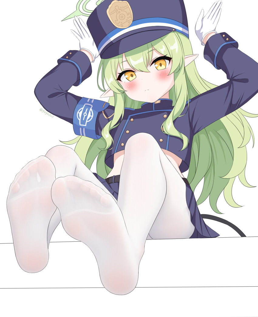 1girl absurdres black_hat black_jacket black_skirt black_tail blue_archive blush closed_mouth demon_tail gloves green_hair green_halo gugu0v0 hair_between_eyes halo hat highres hikari_(blue_archive) jacket long_hair long_sleeves looking_at_viewer pantyhose peaked_cap pleated_skirt pointy_ears simple_background skirt soles solo tail toes white_background white_gloves white_pantyhose yellow_eyes