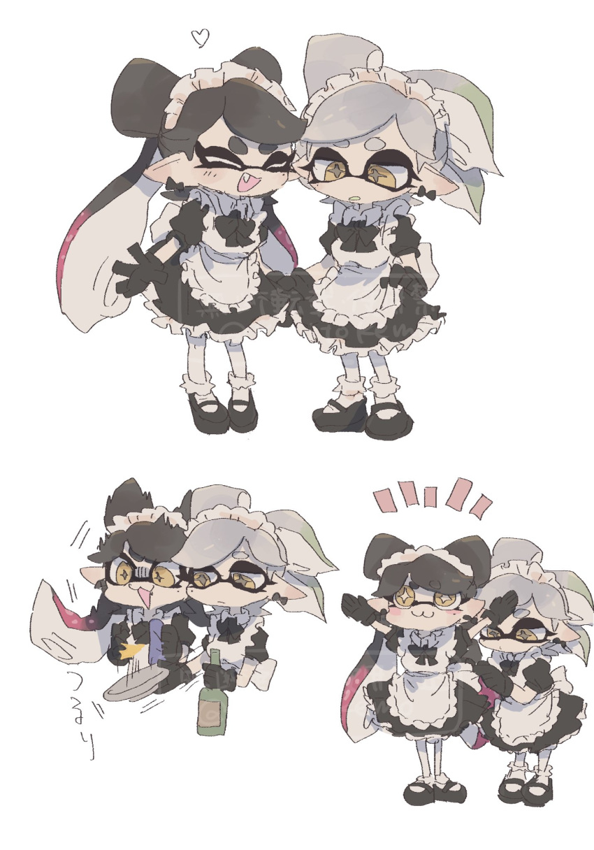 +_+ 2girls apron black_dress black_hair bottle bow-shaped_hair callie_(splatoon) cousins dress frilled_apron frills grey_hair highres holding holding_tray inkling maid maid_apron maid_day maid_headdress marie_(splatoon) mole mole_under_eye multiple_girls object_on_head puffy_sleeves simple_background splatoon_(series) splatoon_1 star-shaped_pupils star_(symbol) symbol-shaped_pupils tentacle_hair thighhighs tray white_apron white_background yuritokemo