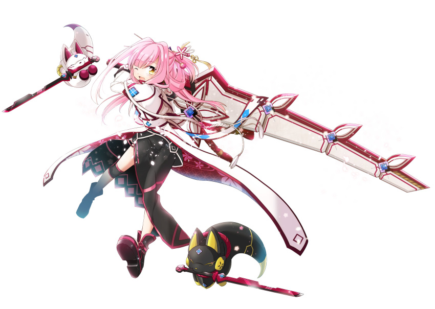 1girl absurdres artist_request black_dress cosmic_break dress fox full_body greatsword highres holding holding_sword holding_weapon huge_weapon jacket koharu_ayakashi long_hair looking_at_viewer official_art one_eye_closed pink_hair second-party_source shoes sword weapon yellow_eyes