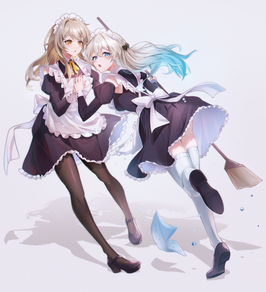 2girls absurdres alternate_costume apron aqua_hair back_bow black_bow black_dress black_footwear black_pantyhose bow broom detached_sleeves dress enmaided firefly_(honkai:_star_rail) floating_hair from_behind full_body gradient_hair grey_hair highres holding holding_broom honkai:_star_rail honkai_(series) kmes_niku long_hair long_sleeves looking_at_another looking_at_viewer looking_back maid maid_apron maid_headdress medium_hair multicolored_eyes multicolored_hair multiple_girls pantyhose parted_lips shadow simple_background standing stelle_(honkai:_star_rail) thighhighs trailblazer_(honkai:_star_rail) white_apron white_bow white_thighhighs yellow_eyes