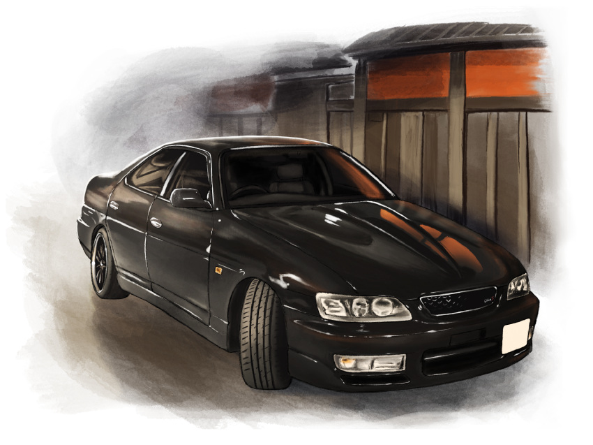 black_car building car highres k.tofu motor_vehicle nissan nissan_laurel no_humans original outdoors shadow vehicle_focus