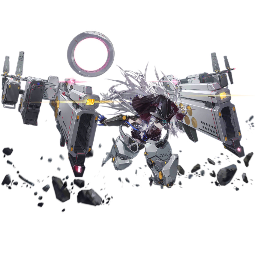 1girl artist_request black_dress black_gauntlets black_mask black_veil blue_gloves blue_ribbon closed_mouth debris dress energy_gun floating floating_object floating_weapon full_body gauntlets girls'_frontline gloves highres leaning_forward long_hair mask mecha_musume mechanical_legs missile_pod nyto_(girls'_frontline) official_art paradeus ribbon sana_(boss)_(girls'_frontline) sana_(girls'_frontline) science_fiction shoulder_ribbon simple_background solo spoilers third-party_source transparent_background triangular_pattern usekh_collar veil weapon white_hair