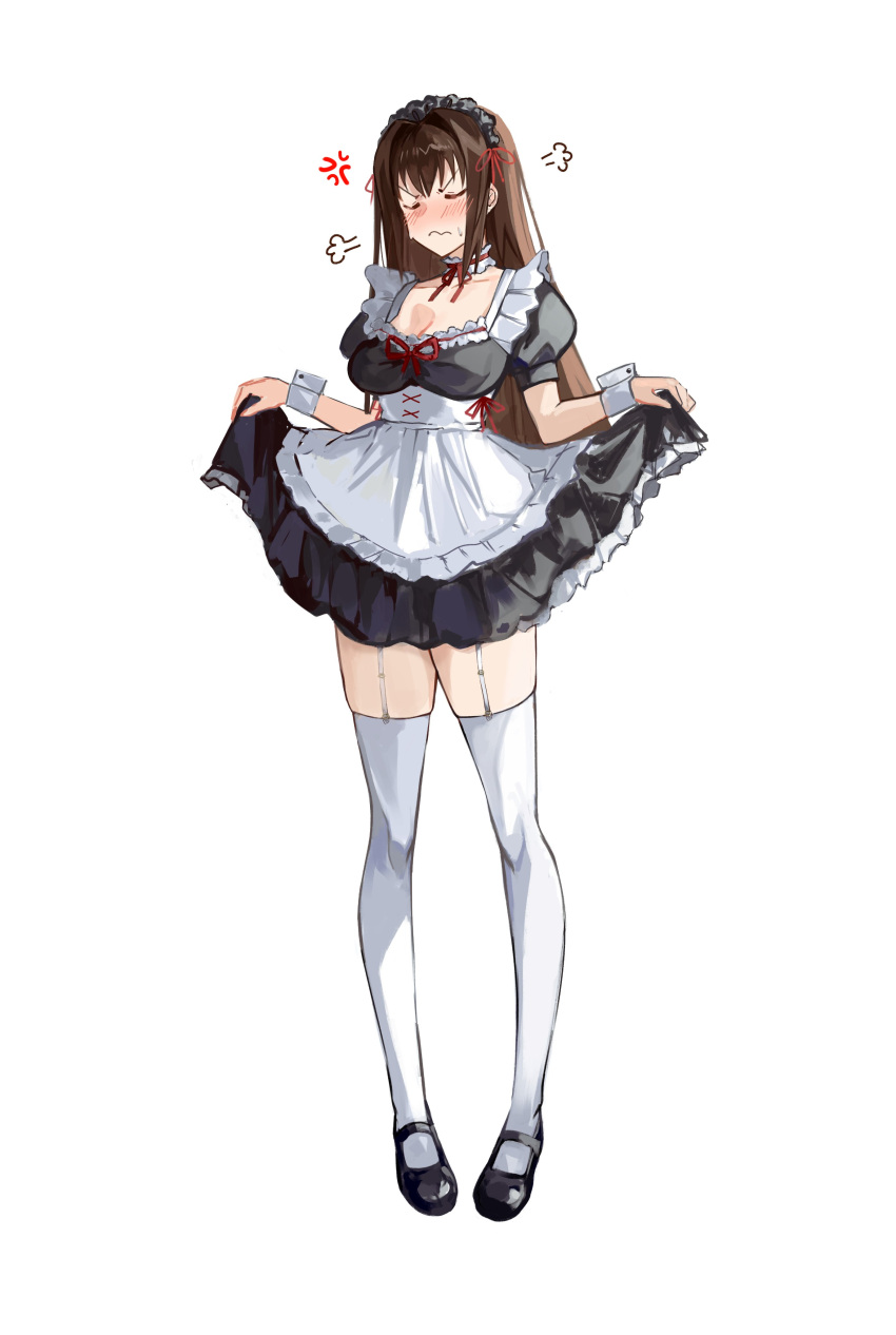 1girl absurdres alternate_costume anger_vein aozaki_aoko apron black_dress black_footwear blush breasts brown_hair closed_mouth dress english_commentary enmaided facing_viewer fate/grand_order fate_(series) full_body garter_straps hair_intakes highres lifted_by_self long_hair mahou_tsukai_no_yoru maid maid_apron maid_headdress mary_janes medium_breasts puff_of_air shoes skirt_hold solo thighhighs wavy_mouth white_background white_garter_straps white_thighhighs white_wrist_cuffs wrist_cuffs yotsutsu428