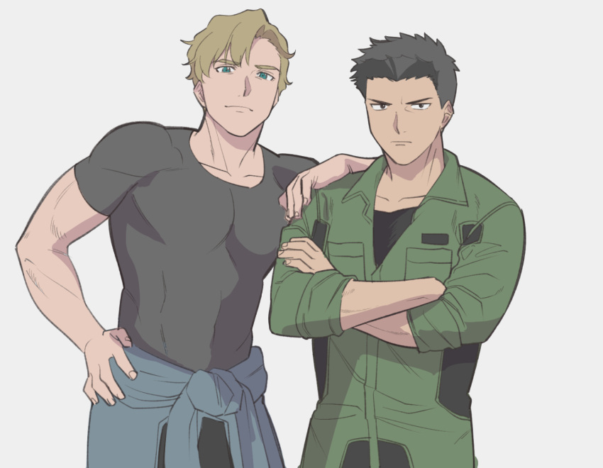 2boys ao_isami black_hair blonde_hair closed_mouth clothes_around_waist cowboy_shot crossed_arms green_jumpsuit grey_background grey_shirt hand_on_another's_shoulder hand_on_own_hip jumpsuit lewis_smith light_frown looking_at_viewer male_focus multiple_boys muscular muscular_male shirt short_hair simple_background sweater sweater_around_waist tight_clothes tight_shirt umai_kinako yuuki_bakuhatsu_bang_bravern