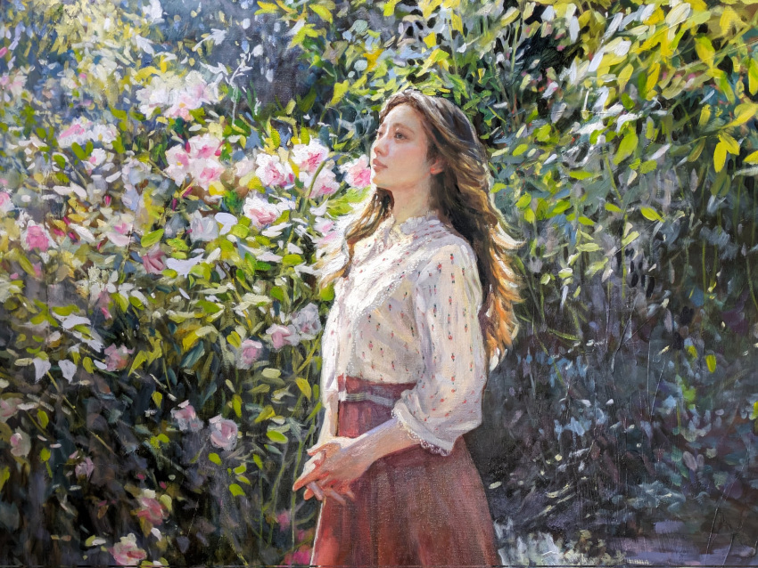 1girl brown_hair brown_skirt bush day flower highres long_hair looking_to_the_side oil_painting_(medium) original painting_(medium) pink_flower pink_rose plant rose rose_bush shadow shirt skirt solo traditional_media tsukiyo_ono white_shirt