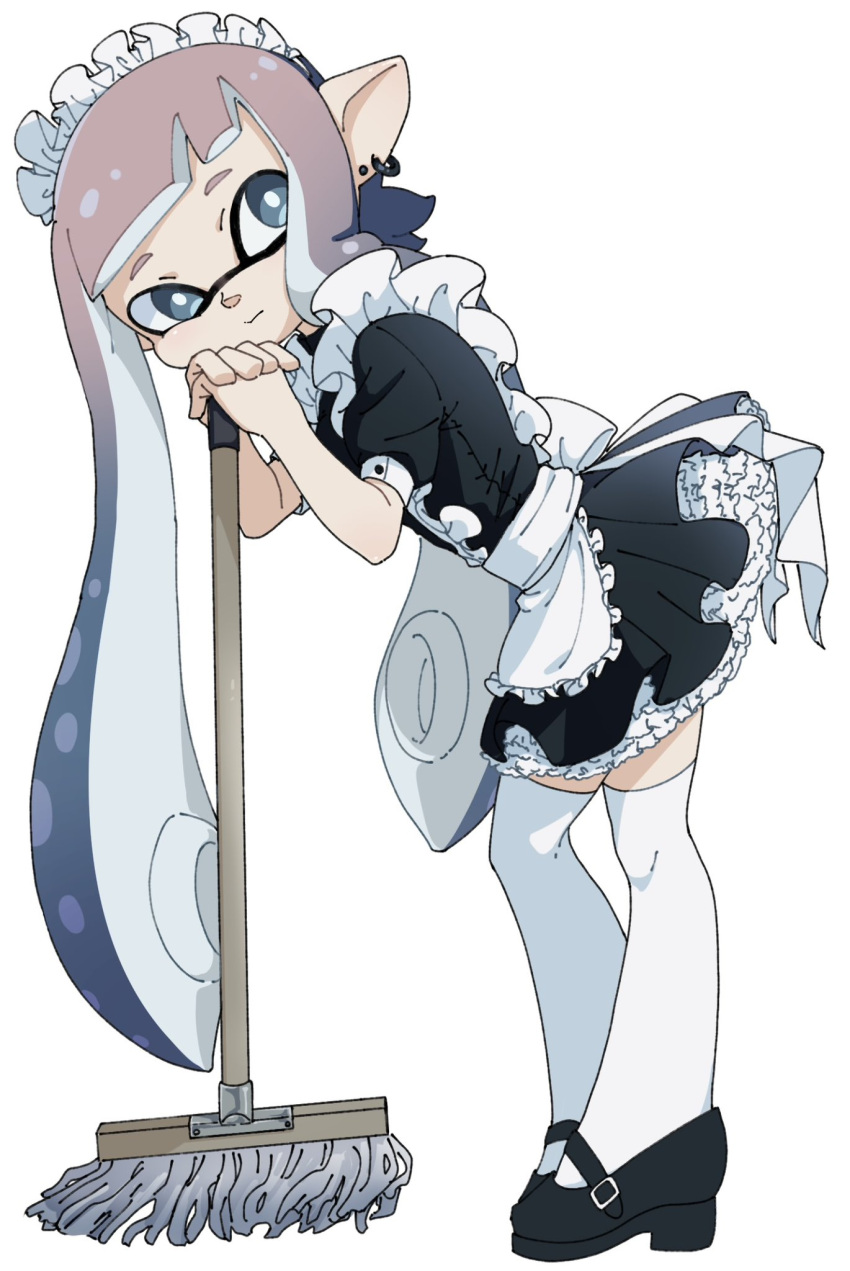 1girl apron black_dress black_footwear blue_hair brown_hair dress earrings frilled_apron frills grey_eyes highres inkling inkling_girl inkling_player_character jewelry leaning_on_object long_hair maid maid_apron maid_headdress minato_yodaka mop multicolored_hair pointy_ears short_sleeves simple_background solo solo_focus splatoon_(series) splatoon_1 splatoon_2 splatoon_3 suction_cups tentacle_hair thighhighs waist_apron white_apron white_background