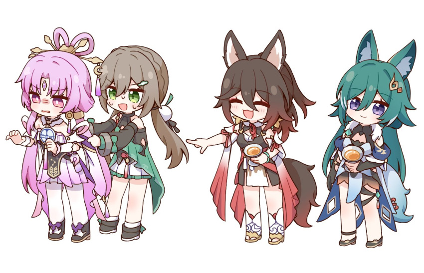 4girls animal_ears black_footwear bow-shaped_hair chibi closed_eyes closed_mouth dress forehead_jewel fox_ears fox_girl fox_tail fu_xuan_(honkai:_star_rail) green_eyes green_hair green_skirt hair_between_eyes hair_ornament high_heels honkai:_star_rail honkai_(series) light_brown_hair long_hair long_sleeves looking_at_viewer looking_to_the_side multiple_girls official_art open_mouth pantyhose pink_dress pink_eyes pink_hair pointing pointing_at_another qingque_(honkai:_star_rail) short_sleeves simple_background skirt socks standing sweat tail tingyun_(honkai:_star_rail) white_background white_pantyhose white_skirt white_socks yoshinao_(yoshinao_0203) yukong_(honkai:_star_rail)