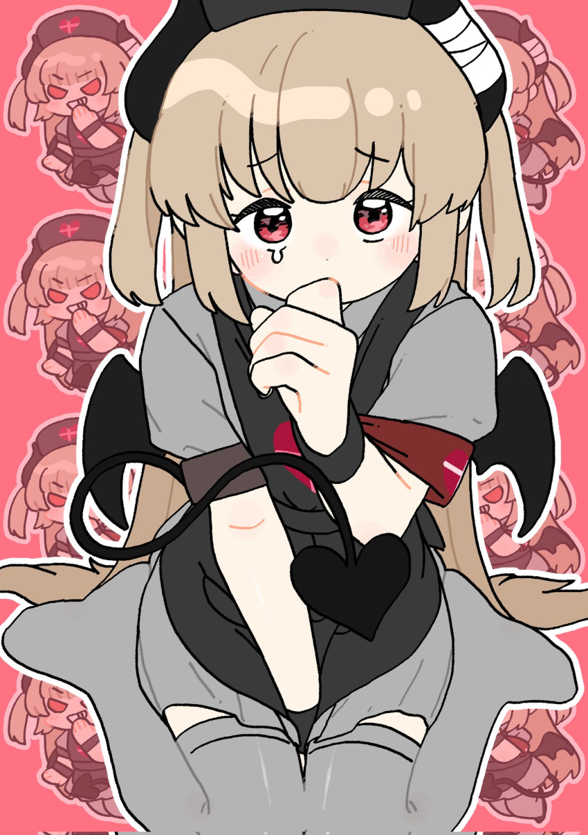 1girl apron arm_between_legs armband black_apron black_hat black_wristband blush brown_hair chibi chibi_inset comog corrupted_twitter_file covering_own_mouth demon_horns demon_tail demon_wings dress evil_grin evil_smile furrowed_brow grey_dress grey_thighhighs grin hand_to_own_mouth hat highres horns long_hair looking_at_viewer multiple_views natori_sana nurse_cap outline puffy_short_sleeves puffy_sleeves raised_eyebrows recurring_image red_armband red_background red_eyes sana_channel short_dress short_sleeves sitting smile solid_eyes tail tearing_up thighhighs two_side_up upturned_eyes v-shaped_eyes very_long_hair virtual_youtuber wariza white_outline wings