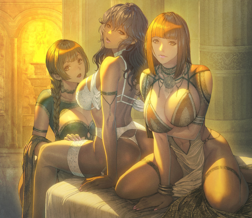 3girls ass bare_shoulders black_hair bra bracelet braid breasts brown_eyes brown_hair choker cleavage commentary_request fingernails garter_belt highres homare_(fool's_art) indoors jewelry large_breasts lips lipstick long_hair looking_at_viewer looking_back makeup medium_hair multiple_girls navel open_mouth original panties single_braid sitting smile stomach thighhighs thighs thong underwear wariza