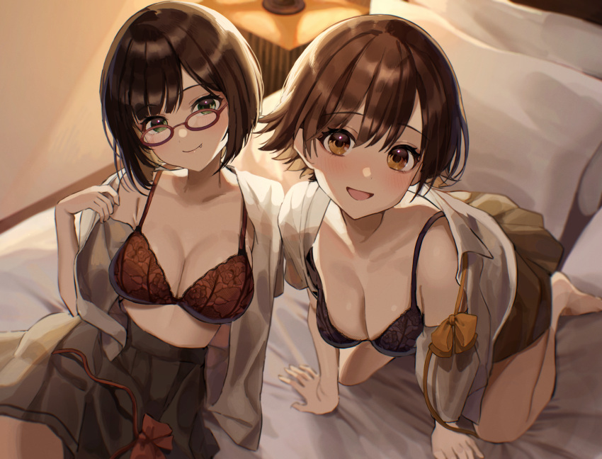 2girls bed bra brown_eyes brown_hair fang glasses green_eyes honda_mio idolmaster idolmaster_cinderella_girls kudou_(sikisiki0000) maekawa_miku open_shirt short_hair skirt underwear