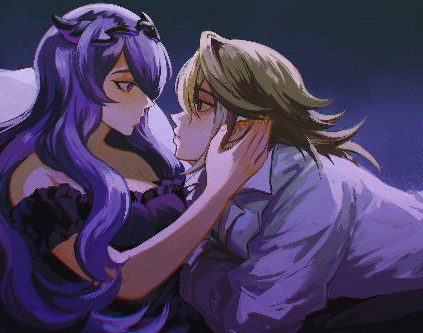 1boy 1girl absurdres ackrose alternate_costume bare_shoulders black_dress blush camilla_(fire_emblem) closed_mouth collared_shirt commentary commission corrin_(fire_emblem) corrin_(male)_(fire_emblem) dress english_commentary eye_contact fire_emblem fire_emblem_fates grey_hair hand_on_another's_face highres long_hair long_sleeves looking_at_another lying lying_on_person mixed-language_commentary pillow pointy_ears purple_eyes purple_hair red_eyes second-party_source shirt short_hair wavy_hair white_shirt