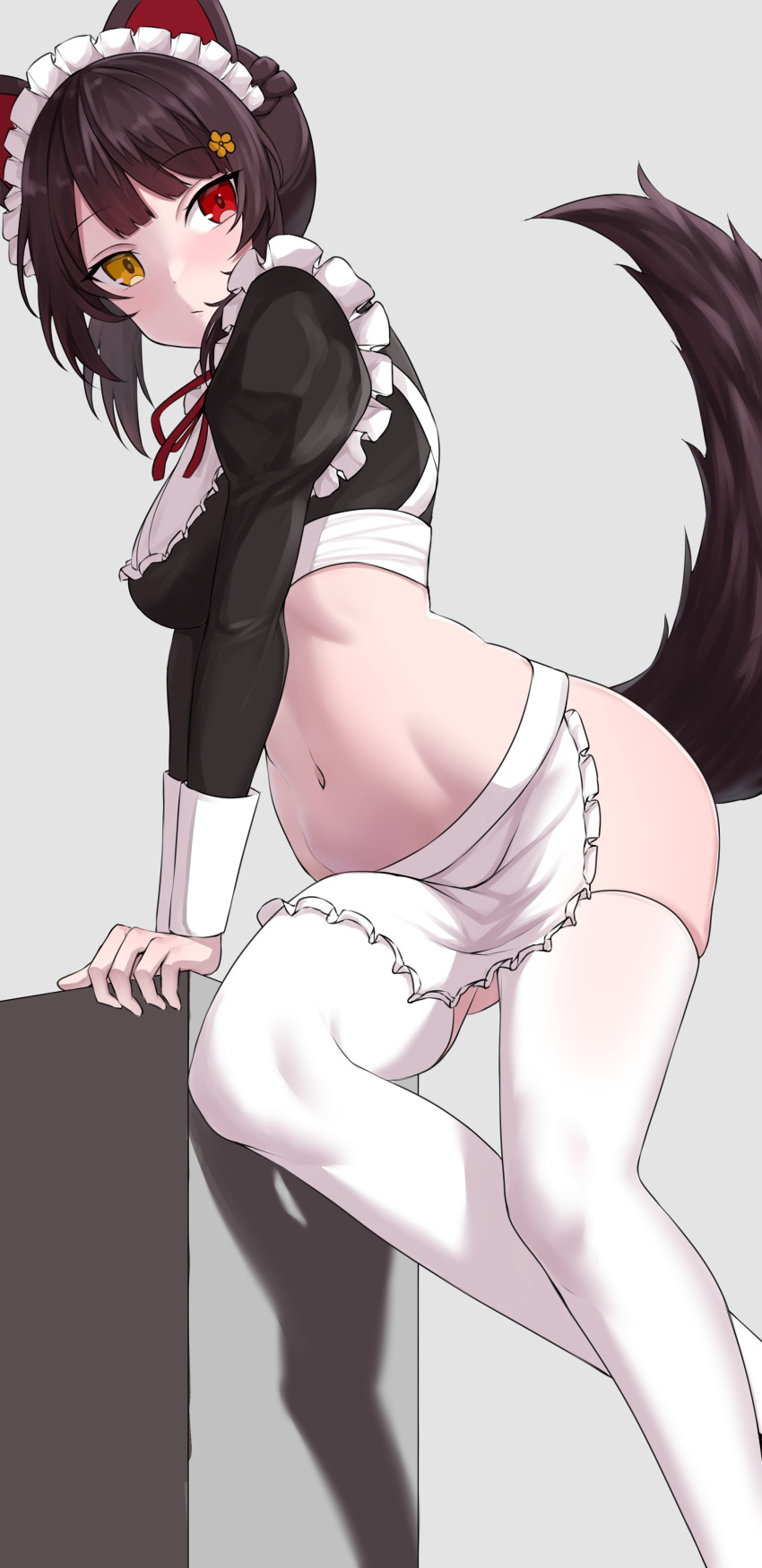 1girl absurdres animal_ears apron braid breasts brown_hair commentary_request crop_top dog_ears dog_girl dog_tail feet_out_of_frame frilled_shirt frills grey_background hair_ornament hairclip heterochromia highres inui_toko kirikan_(cokekiri) leaning_on_object light_blush looking_at_viewer maid maid_day medium_breasts navel neck_ribbon nijisanji puffy_short_sleeves puffy_sleeves red_eyes red_ribbon ribbon shirt short_sleeves sidelocks simple_background skindentation sleeve_cuffs solo stomach swept_bangs tail thighhighs white_apron white_thighhighs yellow_eyes