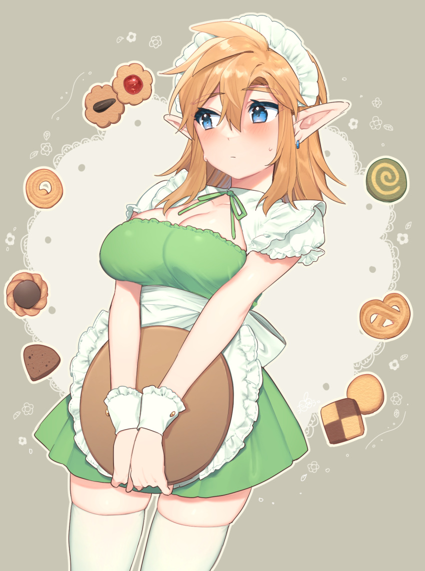 1girl alternate_costume apron blonde_hair blue_eyes blush breasts brown_background cleavage collarbone cowboy_shot dress earrings enmaided genderswap genderswap_(mtf) green_dress green_ribbon hair_between_eyes highres holding holding_tray jewelry large_breasts link long_hair looking_to_the_side maid maid_headdress neck_ribbon pointy_ears ribbon shiny_skin short_dress skindentation solo the_legend_of_zelda the_legend_of_zelda:_breath_of_the_wild thighhighs tray ttanuu. waist_apron white_background white_thighhighs wrist_cuffs zettai_ryouiki