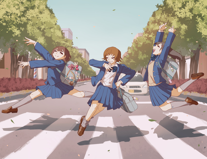 3girls absurdres arms_up avogado6 bag black_hair blue_bag blue_bow blue_bowtie blue_jacket blue_skirt blue_sky blush bow bowtie brown_footwear brown_hair building bush buttons car charm_(object) city clenched_hand closed_eyes collared_shirt crosswalk day emblem grey_socks hair_ornament hairpin hand_on_own_hip hand_up happy highres holding holding_bag jacket jumping lapels leaf long_hair long_sleeves motor_vehicle multiple_girls open_clothes open_jacket open_mouth original outdoors pink_bow plaid plaid_bow plaid_bowtie pleated_skirt polka_dot polka_dot_bow pom_pom_(clothes) road school_uniform shadow shirt shoes skirt sky smile socks teeth tree vest white_shirt yellow_vest