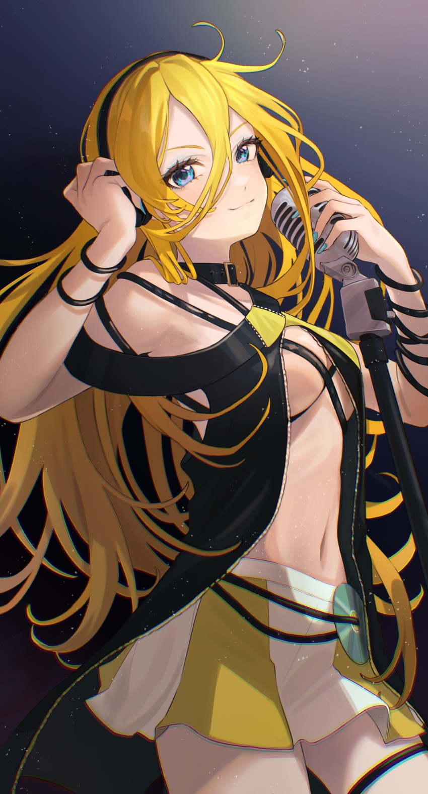 1girl absurdres armpits belt belt_collar black_belt black_headphones black_wristband blonde_hair blue_eyes blue_nails blush breasts cd closed_mouth collar commentary cowboy_shot dark_background flipped_hair front_slit hand_on_headphones hands_up head_tilt highres holding holding_microphone light_particles lily_(vocaloid) long_hair long_hair_between_eyes looking_at_viewer looking_to_the_side medium_breasts microphone microphone_stand miniskirt nail_polish navel revealing_clothes shirt single_off_shoulder skirt sleeveless sleeveless_shirt smile solo stomach tanupon thick_eyelashes thighs three_quarter_view two-tone_skirt underboob v-shaped_eyebrows very_long_hair vocaloid when_you_see_it white_skirt yellow_skirt