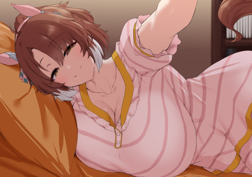 1girl animal_ears bed blurry blurry_background blush breasts brown_eyes brown_hair cleavage closed_mouth collarbone commentary_request dantsu_flame_(umamusume) hair_between_eyes hair_ornament highres horse_ears horse_girl horse_tail large_breasts looking_at_viewer noe_(ppppriver) pillow pov reaching reaching_towards_viewer smile tail umamusume