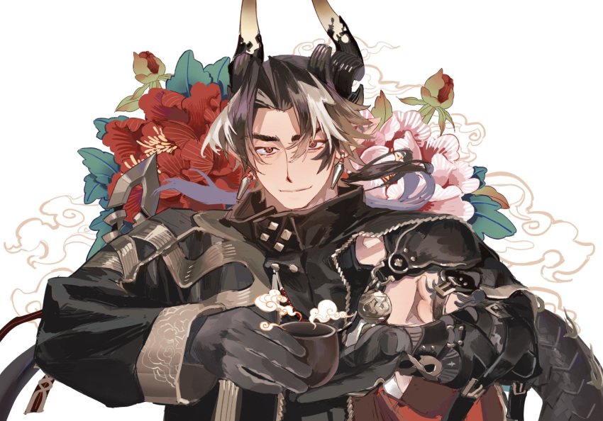 1boy 3000zialg arknights armor blonde_hair brown_hair chong_yue_(arknights) closed_mouth cup dragon_boy dragon_horns dragon_tail earrings floating_hair flower hands_up high_collar highres holding holding_cup horns jewelry long_hair long_sleeves looking_at_viewer low_ponytail male_focus multicolored_hair pauldrons pointy_ears red_eyes red_flower rerebrace shoulder_armor single_pauldron single_sleeve smile solo streaked_hair tail upper_body white_background whorled_clouds wide_sleeves wind