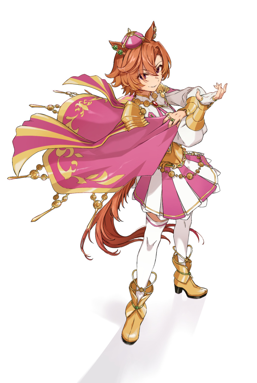 1girl animal_ears armor asymmetrical_bangs boots breasts cape corset crown fingerless_gloves full_body gloves highres holding_own_arm horse_ears horse_girl horse_tail jewelry long_sleeves looking_at_viewer mini_crown multiple_rings nanaheibei_3 orange_hair orange_tail parted_lips pink_cape purple_eyes ring shadow shirt short_hair shoulder_armor simple_background single_glove skirt small_breasts smirk solo standing t.m._opera_o_(umamusume) tail thighhighs umamusume white_background white_gloves white_shirt white_thighhighs yellow_footwear