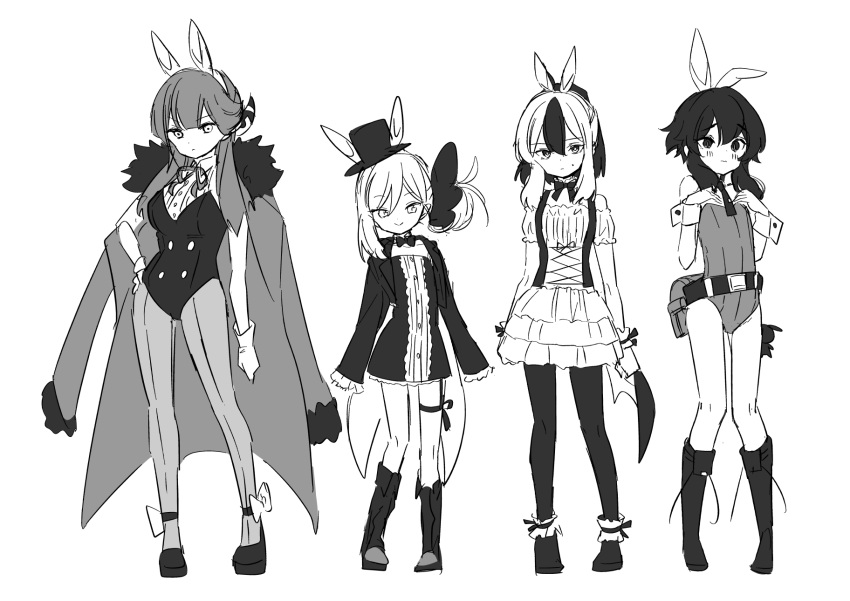 4girls alternate_costume animal_ears aru_(blue_archive) blue_archive blush boots breasts buttons closed_mouth coat coat_on_shoulders collared_shirt demon_horns fake_animal_ears fur-trimmed_coat fur_trim greyscale haruka_(blue_archive) hat highres horns kayoko_(blue_archive) knee_boots large_breasts leotard long_hair long_sleeves medium_hair monochrome multiple_girls mutsuki_(blue_archive) nogiwa_kaede pantyhose problem_solver_68_(blue_archive) rabbit_ears shirt shoes short_sleeves simple_background sketch smile strapless strapless_leotard top_hat white_background wrist_cuffs