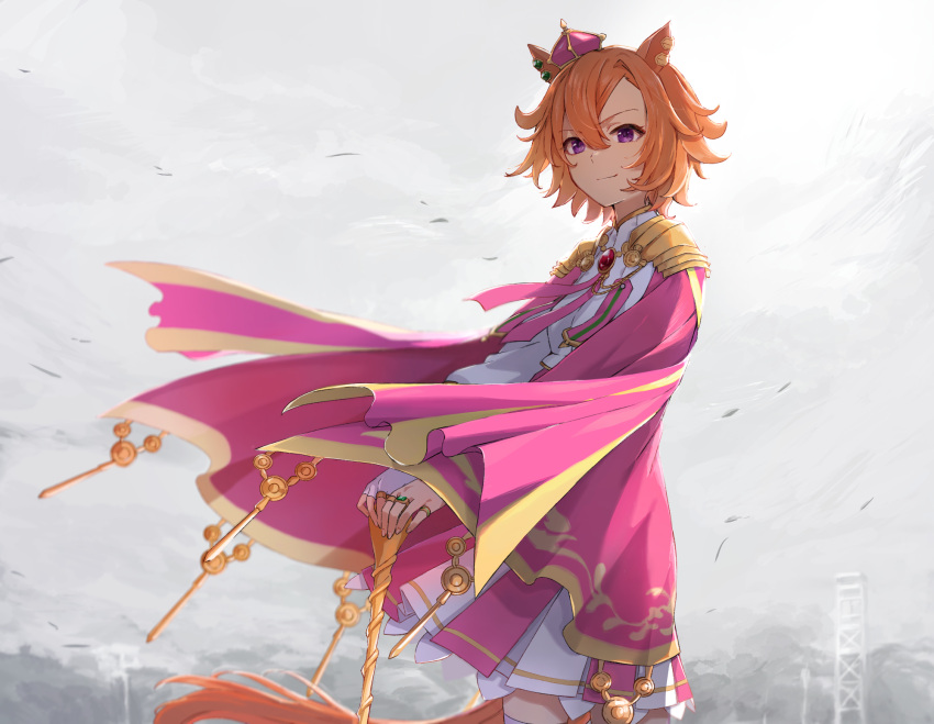 1girl animal_ears cape commentary crown feet_out_of_frame hair_between_eyes highres horse_ears horse_girl long_sleeves mini_crown nanaheibei_3 neck_ribbon orange_hair pink_cape pink_ribbon purple_eyes ribbon short_hair solo staff t.m._opera_o_(umamusume) thighhighs umamusume white_thighhighs