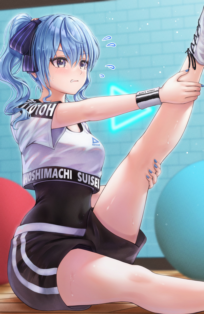 1girl absurdres ball black_shorts blue_hair brick_wall clenched_teeth commentary_request exercise_ball flying_sweatdrops grey_eyes hair_between_eyes hair_ribbon highres hololive hoshimachi_suisei nail_polish on_ground ponytail ribbon shirt shorts sidelocks sitting solo stretching sweat teeth thighs virtual_youtuber wajuniorbox white_background white_shirt wooden_floor