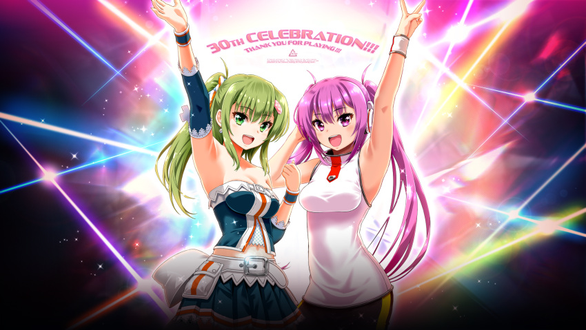 2girls arm_up armpits bare_shoulders beatmania_iidx breasts goli_matsumoto green_eyes green_hair hair_between_eyes hair_ornament headphones highres kitami_erika medium_breasts mizushiro_celica multiple_girls non-web_source official_art open_hand open_mouth pink_eyes pink_hair side_ponytail skirt smile teeth twintails upper_teeth_only v