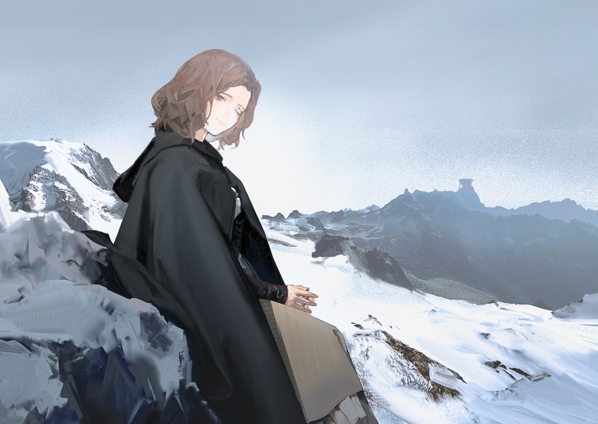 1girl absurdres black_cloak brown_cloak brown_eyes brown_hair cloak closed_mouth elden_ring facial_tattoo highres hood hood_down hooded_cloak looking_at_viewer medium_hair melina_(elden_ring) one-eyed rocher-hd rock scenery sitting snow solo tattoo