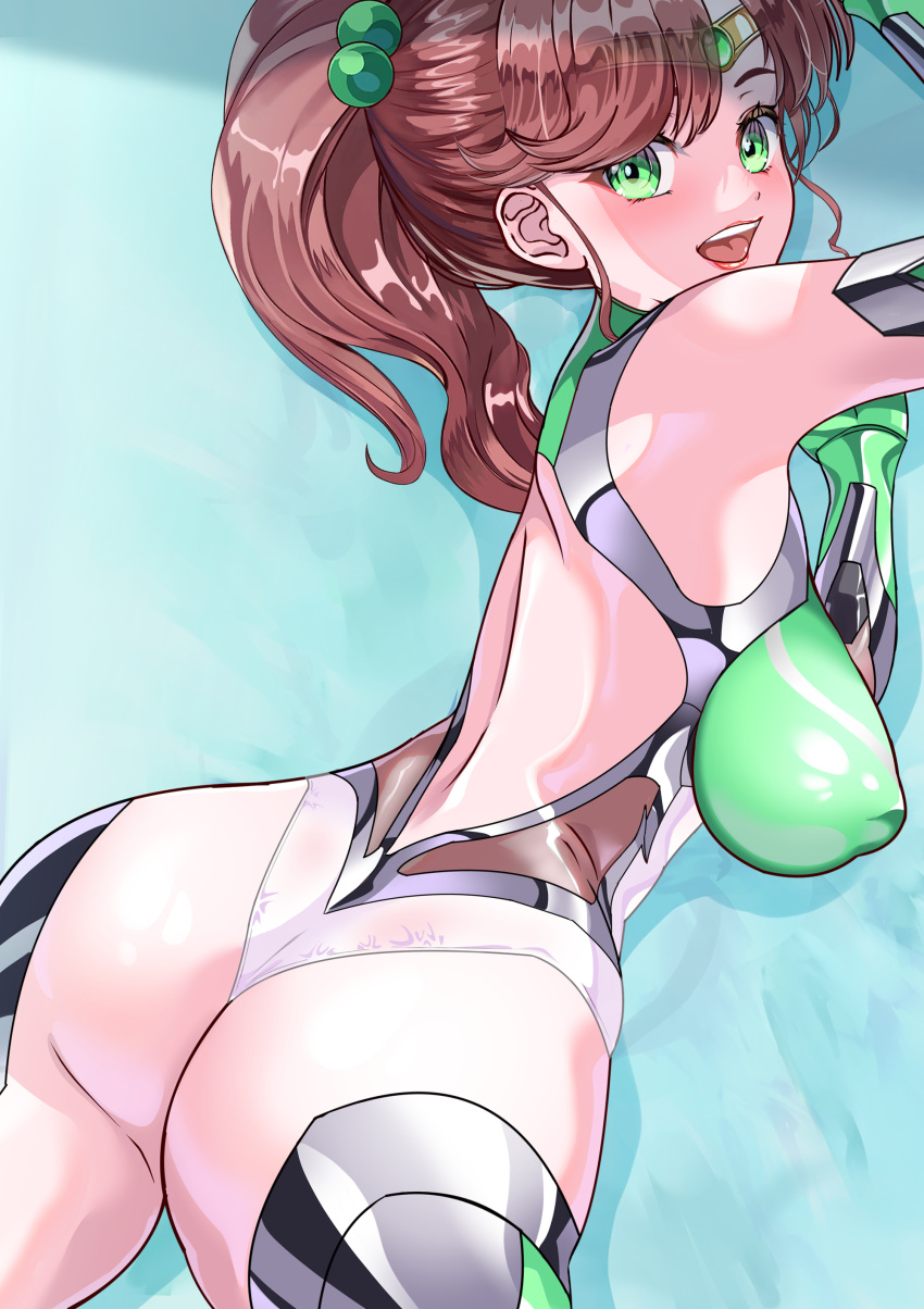 1girl absurdres arion_canvas ass back backless_outfit bare_back bare_shoulders bishoujo_senshi_sailor_moon bodysuit breasts brown_hair covered_nipples green_eyes highres kino_makoto large_breasts long_hair looking_at_viewer looking_back open_mouth ponytail sailor_jupiter smile solo taimanin_(series) taimanin_suit
