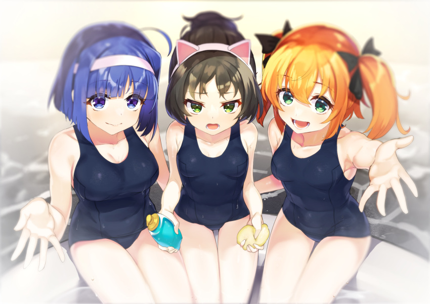 animal_ears blue_eyes blue_hair breasts brown_hair cleavage green_eyes hazuki_kurumi headband kaitou_tenshi_twin_angel kannazuki_aoi minnazuki_haruka minutachi orange_hair school_swimsuit short_hair swimsuit twintails