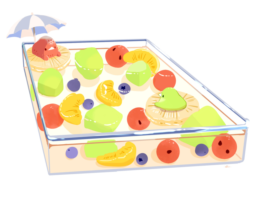 animal bird chai_(artist) cherry food fruit nobody orange_(fruit) original polychromatic pool signed strawberry umbrella white