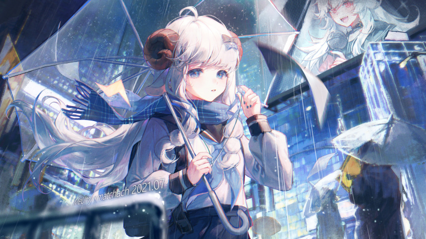 animal_ears building city horns maccha_(mochancc) merry_(meumy) meumy rain scarf sheepgirl umbrella water watermark