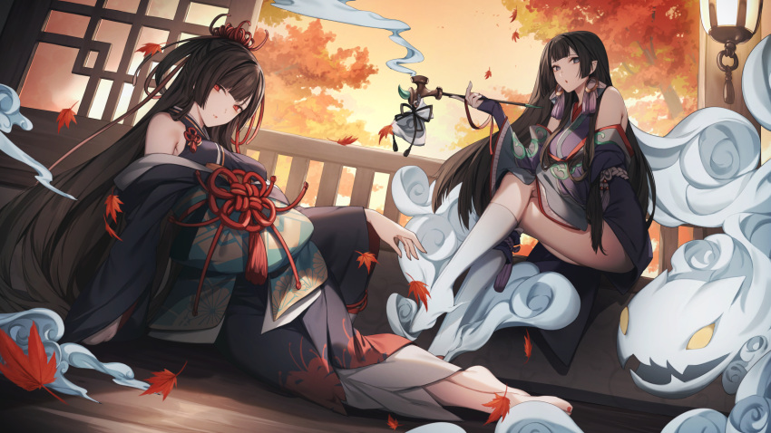 2girls aliasing autumn brown_hair japanese_clothes kneehighs kyouya_(mukuro238) leaves long_hair onmyouji pointed_ears red_eyes smoking tagme_(character) tree