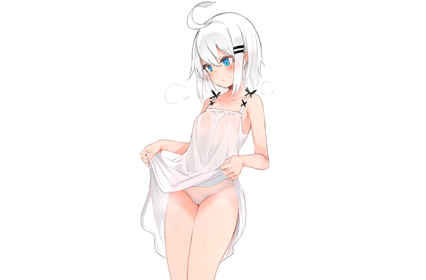 aliasing aqua_eyes blush dress no_bra original otokuyou panties polychromatic ringo-chan_(otokuyou) see_through short_hair sketch skirt_lift summer_dress underwear wet white white_hair