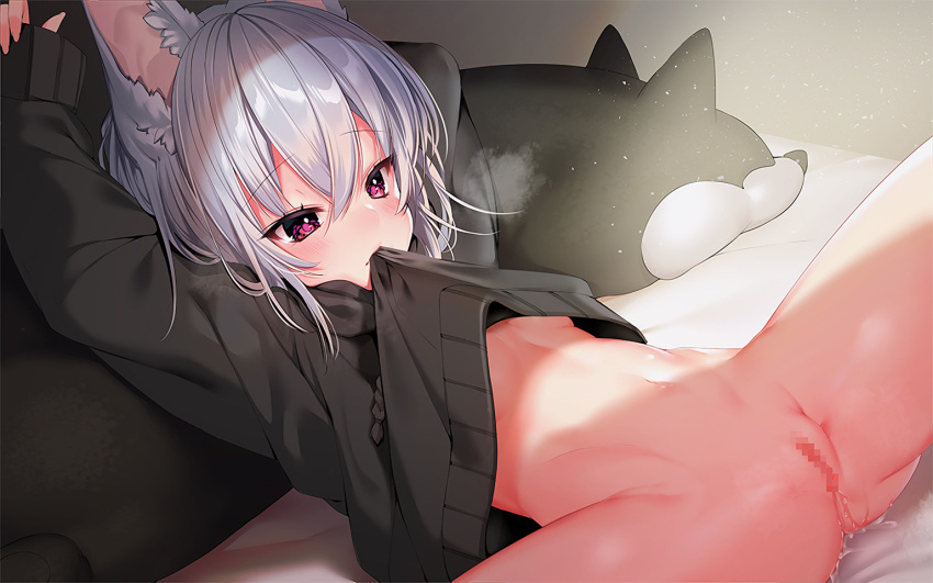 animal_ears bed blush censored doggirl gray_hair haiba_09 navel no_bra nopan original purple_eyes pussy pussy_juice shirt_lift spread_legs waifu2x