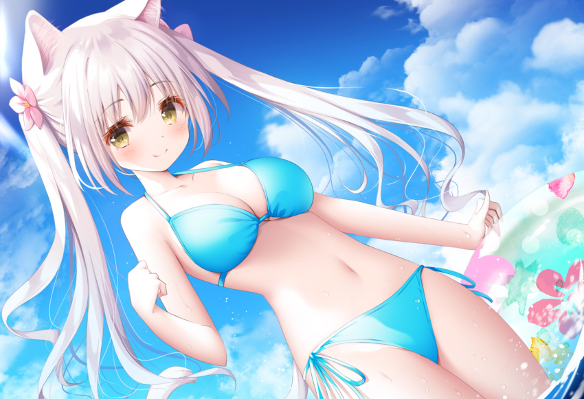 animal_ears bikini breasts catgirl cleavage clouds gray_hair long_hair murano navel original sky swimsuit tail twintails waifu2x