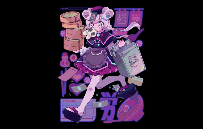 aeruusa apron black blush braids cape chinese_clothes dress drink food hat lolita_fashion long_hair ofuda original pantyhose polychromatic purple_eyes twintails white_hair