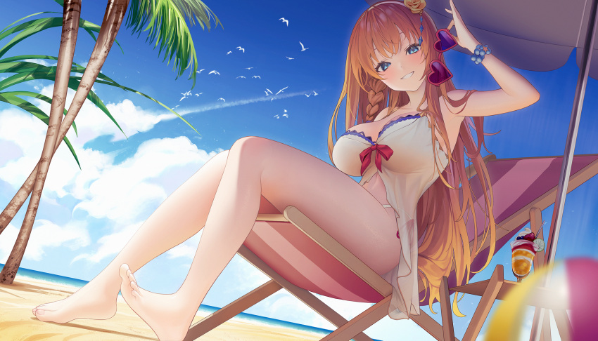 animal ball barefoot beach bird blue_eyes braids clouds food fruit ice_cream long_hair orange_hair pecorine princess_connect! sky strawberry sunglasses tree water wristwear yaye