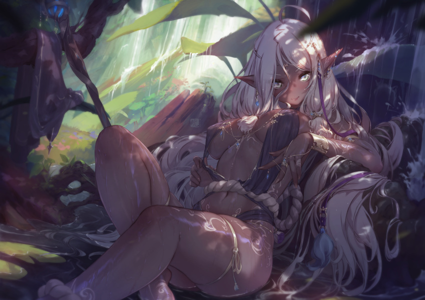 blush breasts dark_skin erect_nipples forest gray_eyes long_hair mitsu_(mitsu_art) no_bra original pointed_ears rope shade staff tattoo tree water waterfall watermark white_hair