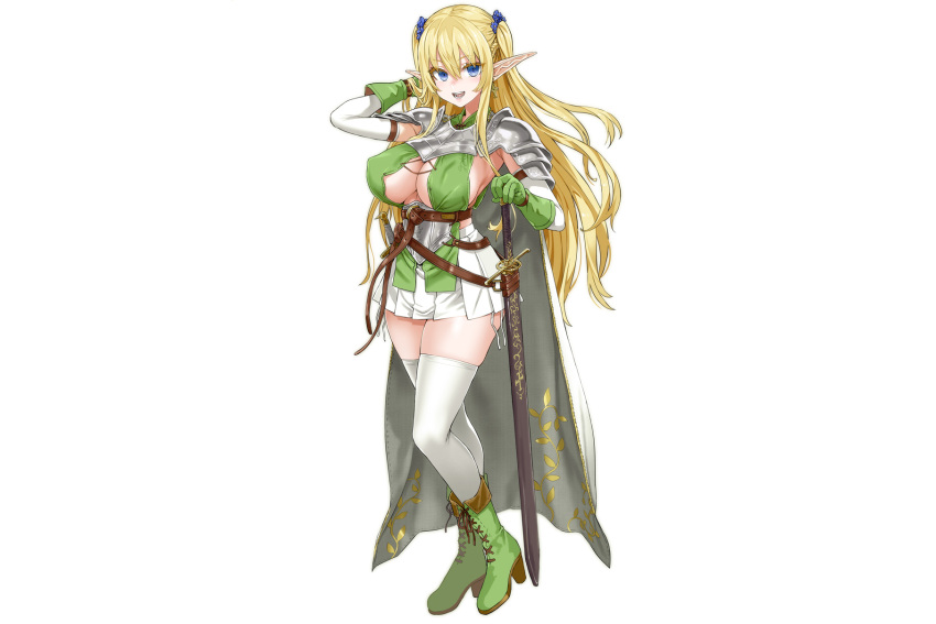 armor asanagi blonde_hair blue_eyes boots breasts cape cleavage cross elbow_gloves erect_nipples gloves long_hair no_bra original pointed_ears skirt sword thighhighs twintails weapon white zettai_ryouiki